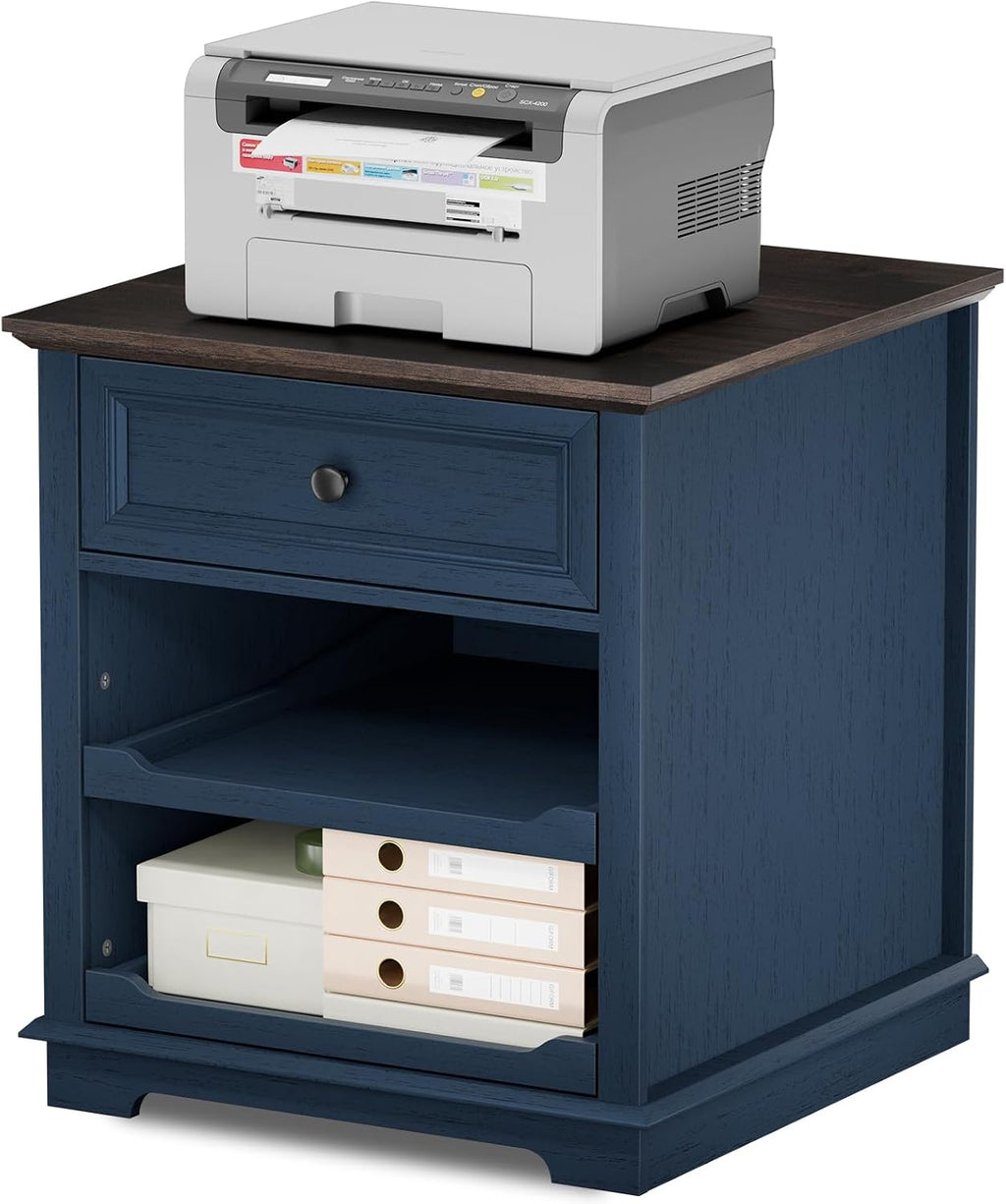 REDAYFUR Lateral File Cabinet 3 Drawer File Cabinet with Charging Station, Printer Stand with Open Adjustable Storage Shelves, Lateral Filing Cabinet for Home Office, Blue