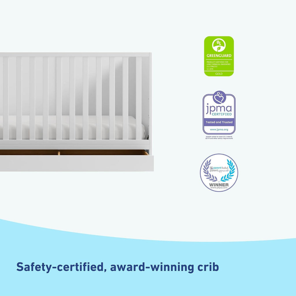 Graco Theo 3-in-1 Convertible Crib with Storage Drawer – GREENGUARD Gold Certified Baby Crib Crafted from Wood, Converts to Toddler Bed, Daybed, and Full-Size Bed (White)