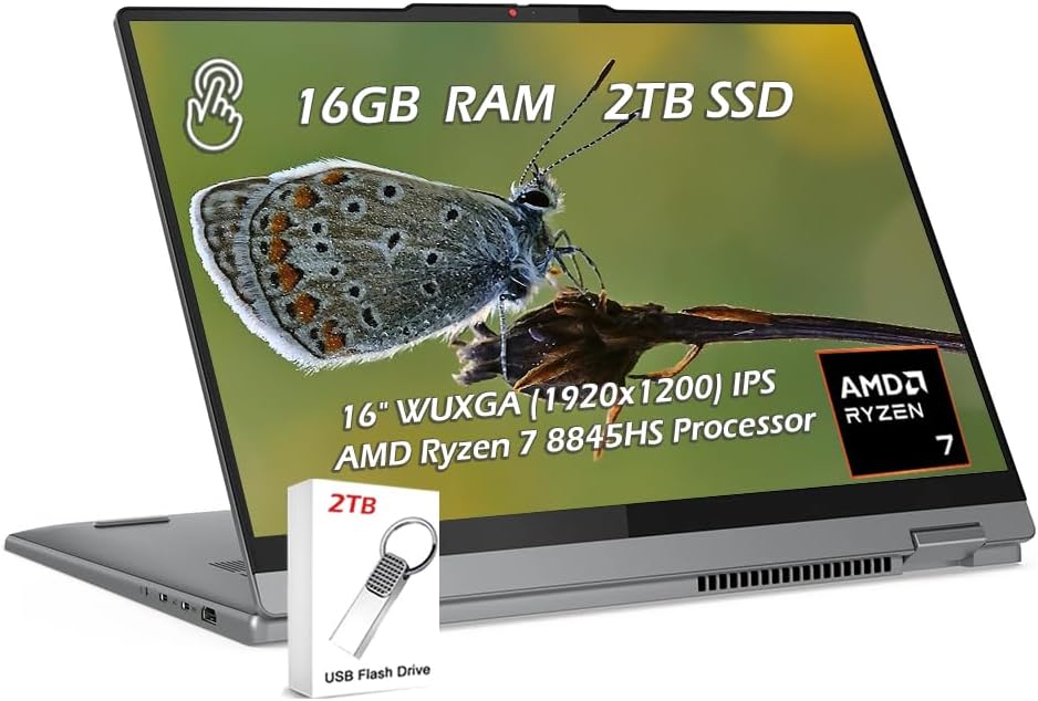 Lenovo IdeaPad 5 2-in-1 Laptop, 16' WUXGA Touchscreen, AMD Ryzen 7 8845HS, 16GB RAM, 2TB SSD, AMD Radeon Graphics, Backlit KB, Wi-Fi6, FP Reader, Win11, Luna Grey, w/2TB USB Drive, W/GaLiMu