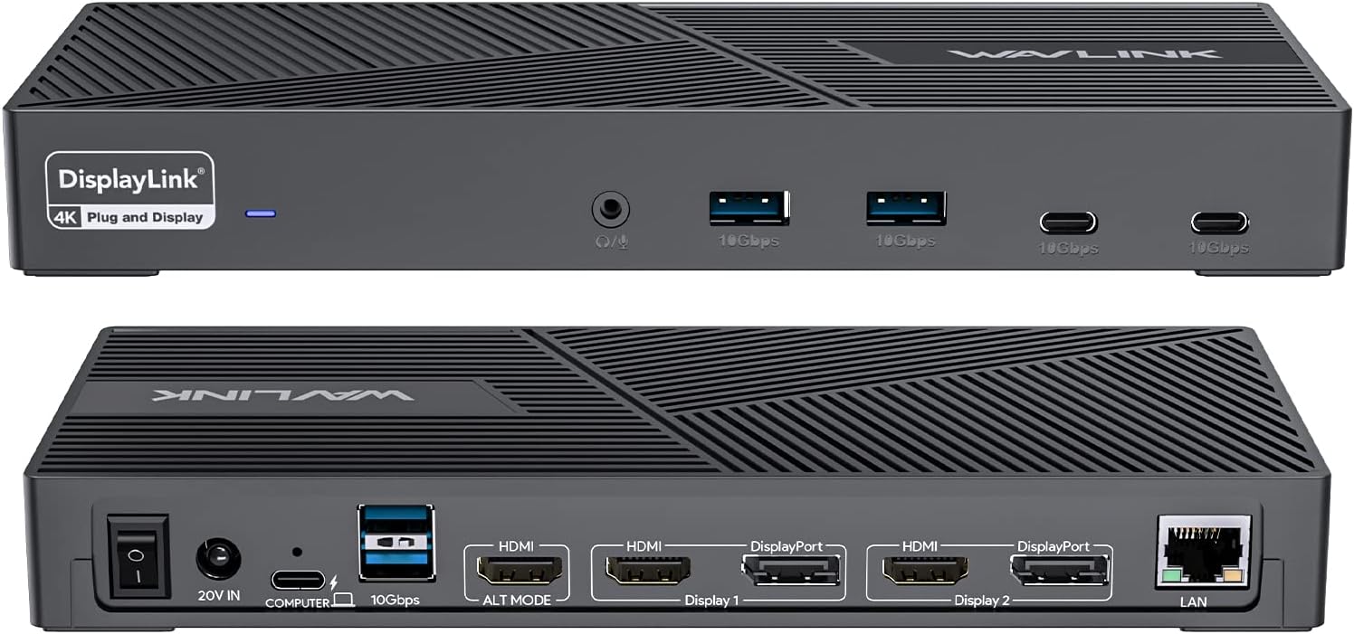 WAVLINK DisplayLink Docking Station Triple Monitor 4K@60Hz for 3 Monitors, 100W Charging for Thunderbolt 5/4/3, USB C M1-M5 Mac/MacBook Neo/Windows- 3 HDMI, 2 DP, 6 USB Ports, 160W Power, LAN, Audio