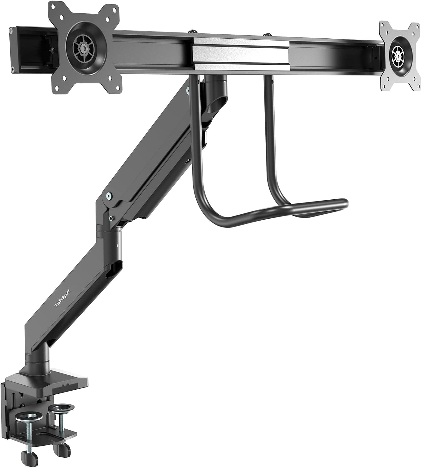 StarTech.com Desk Mount Dual Monitor Arm - Ergonomic Monitor VESA Mount 32' (17.6lb/8kg) Displays - Crossbar Handle for Synchronized Full Motion - Height Adjustable - C-Clamp/Grommet (ARMSLMBARDUO)
