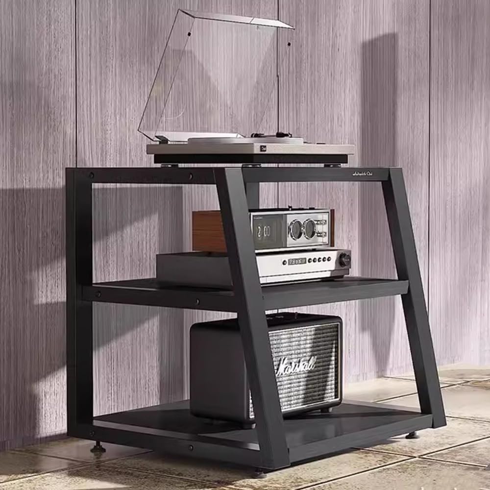 Black AV Media Stand, Audio/Video Component Cabinet, 3-Tier Media Storage Shelf for Gaming & Entertainment Systems, Multi-Shelf AV Storage Solution