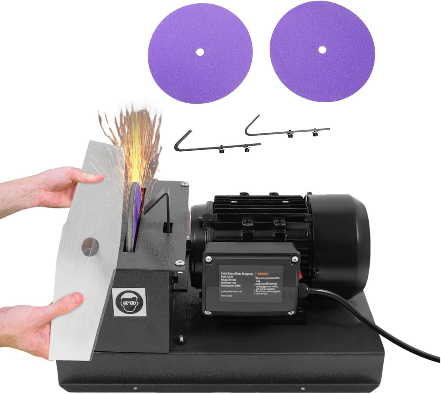 Lawn Mower Blade Sharpener 1HP 750W, 9-Inch Bench Grinder with 60 Grit Zirconium Sanding Wheel & Extra Sandpapers, Heavy-Duty Blade Sharpening Machine for High/Low Lift, Gator & Flat Blades