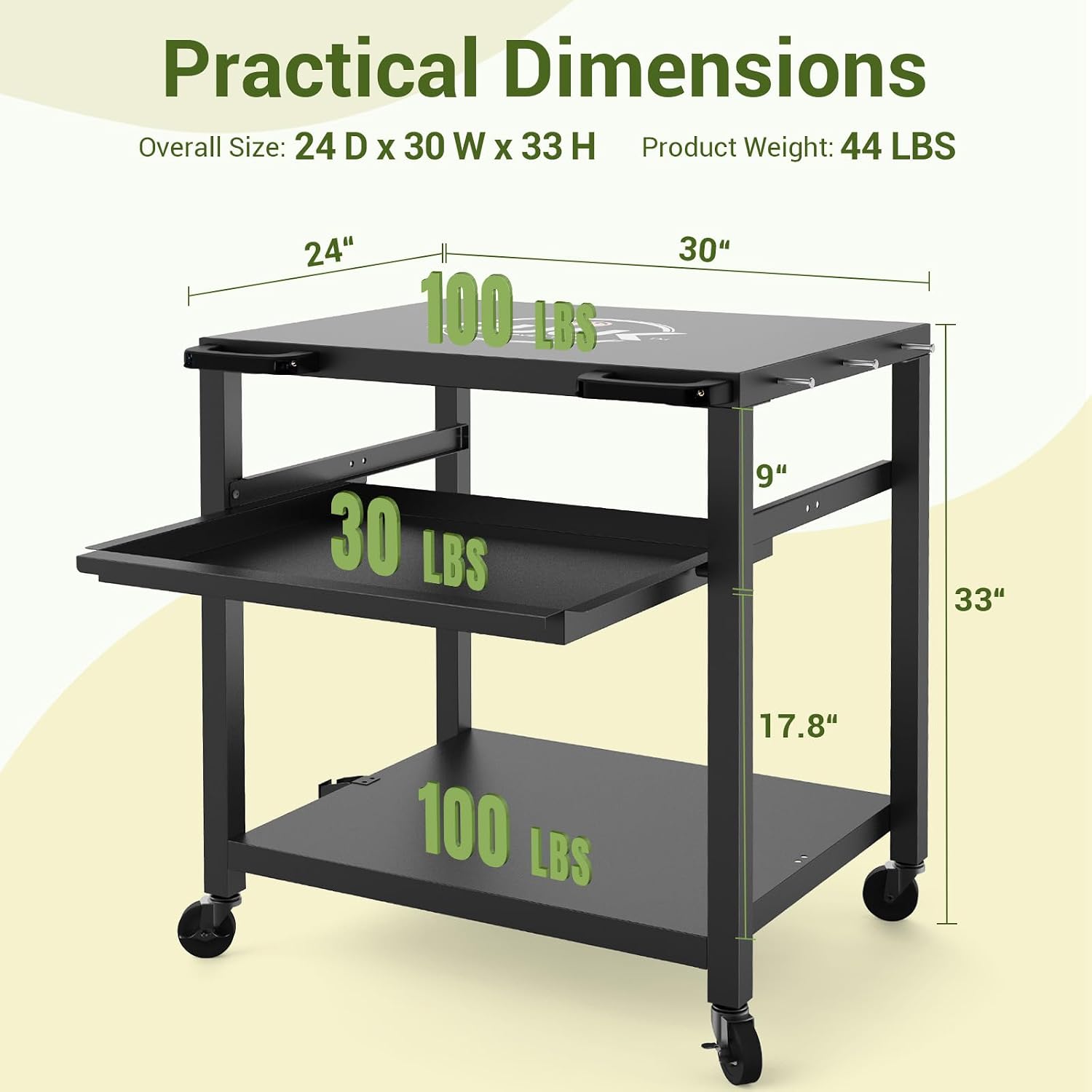 NUUK Outdoor Grill Prep Table 24'x30' Metal Grill Cart Outside 3-Layer Pizza Oven Table Movable with Universal Wheels for BBQ Backyard Patio