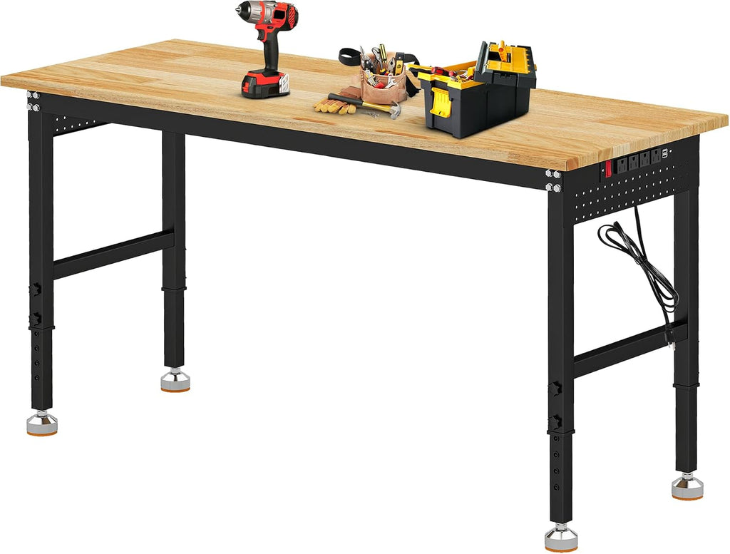 Betterhood Adjustable Height Workbench, 60' Rubber Wood Top Heavy Duty Workstation with Power Outlets, 2000 LBS Load Capacity Hardwood Worktable for Workshop, Garage, Office, Home, Commercial