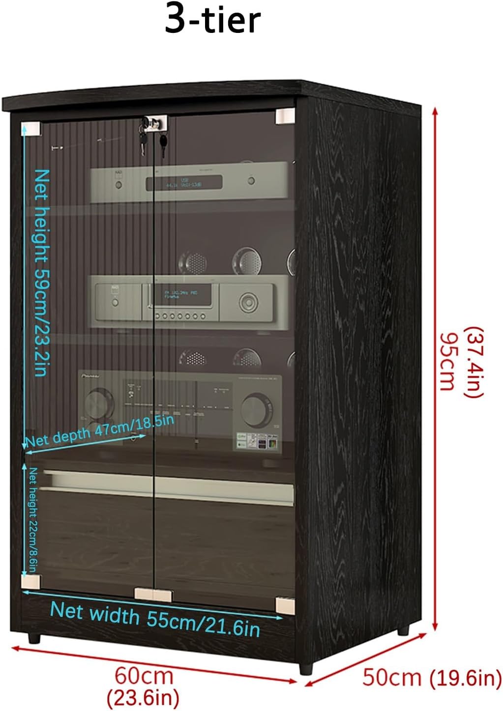 Media Stand with Storage, Audio Rack with Adjustable Shelves, Stereo Cabinet with Glass Doors, Flip Cover AV Cabinet, Wooden Media Storage Cabinet(Black,3-Tier)