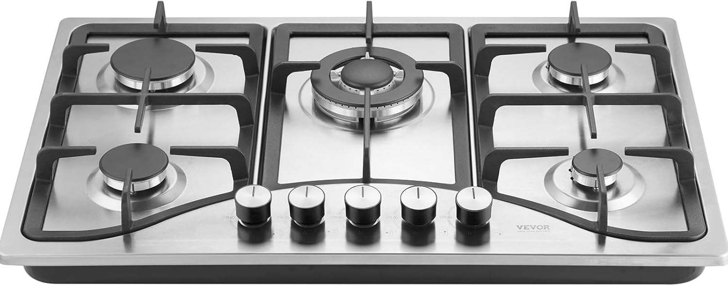 VEVOR 30-inch Gas Cooktop, 5 Burners Built-in Gas Stove Top, Max 12250BTU NG/LPG Convertible Stainless Steel Cooktops, with Thermocouple Protection for Camping, RV, Apartment