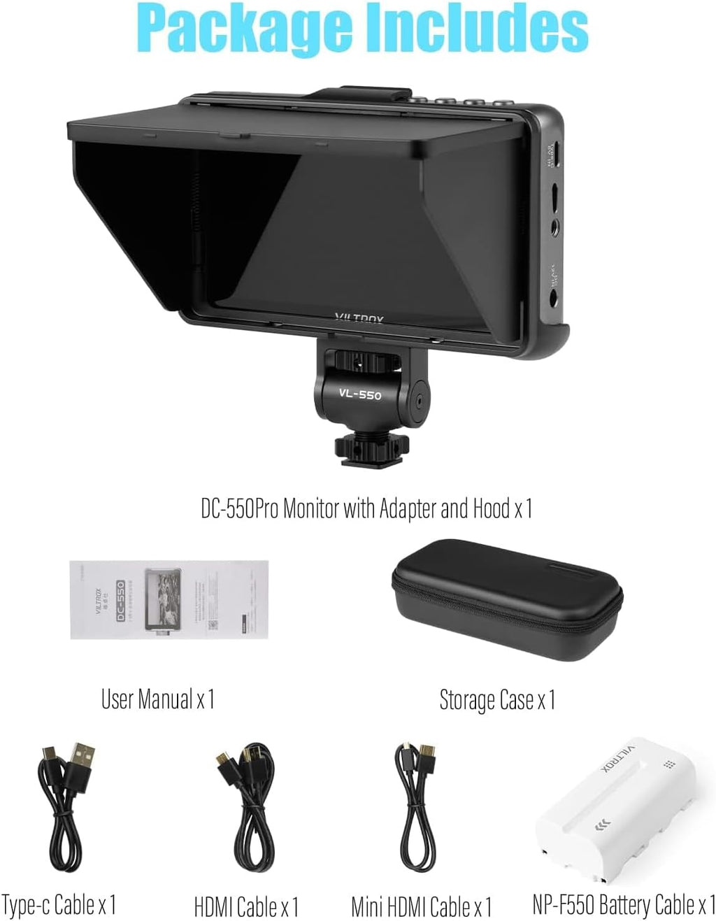 VILTROX DC550 Pro 5.5' Camera Field Monitor Touch Screen, 4K HDMI DSLR Video External Monitor for Sony Canon Nikon, Sunshade Hood,Battery,Storage Bag 1200nit,3DLUT,Focus Peaking,Histogram,False Colors