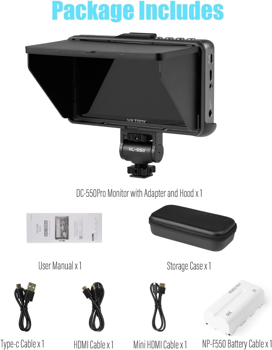 VILTROX DC550 Pro 5.5' Camera Field Monitor Touch Screen, 4K HDMI DSLR Video External Monitor for Sony Canon Nikon, Sunshade Hood,Battery,Storage Bag 1200nit,3DLUT,Focus Peaking,Histogram,False Colors