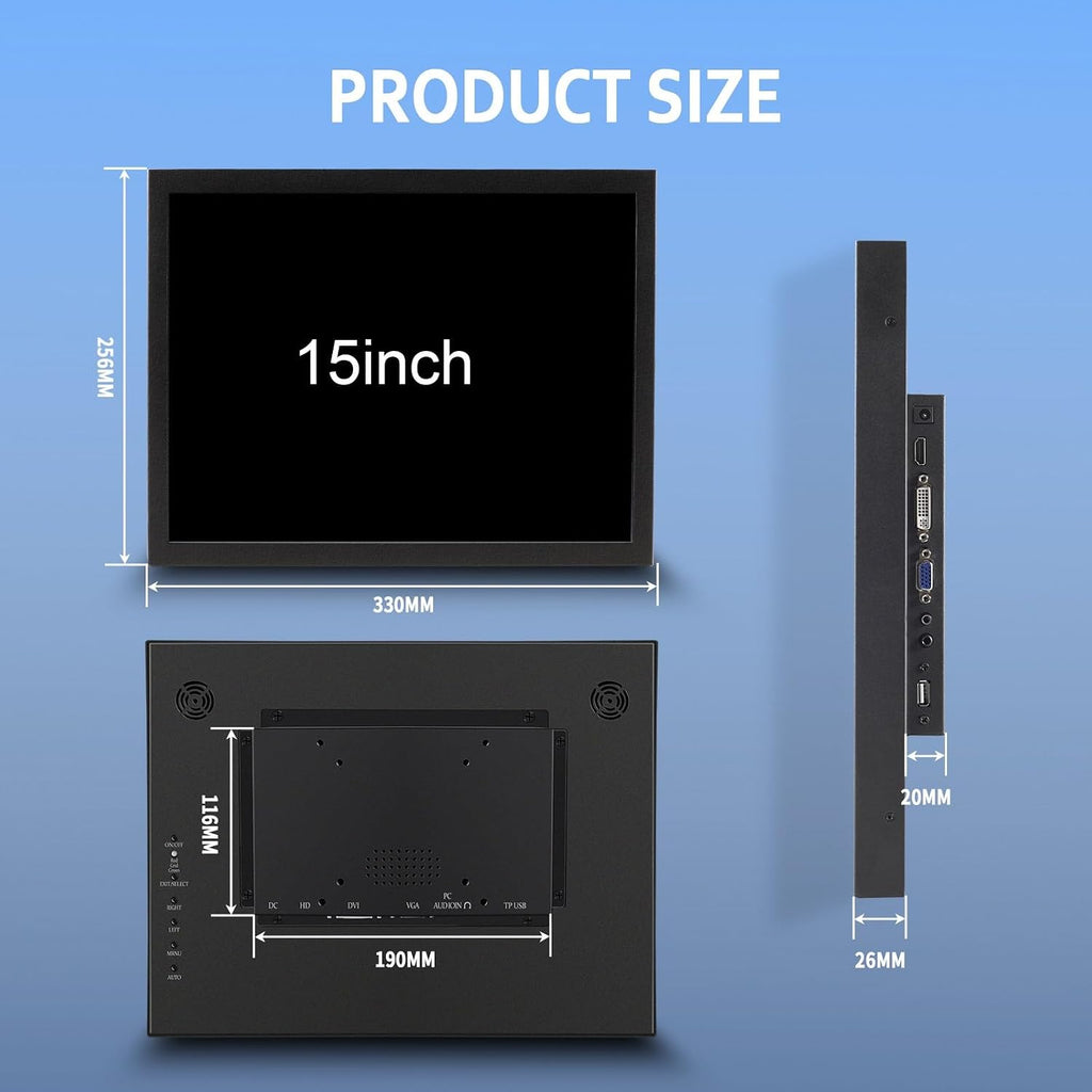 VSDISPLAY 15 Inch 1000 Nits High Brightness Touch Screen LCD Monitor 1024x768 IPS Outdoor Industrial Display with H/D DVI VGA Video Input