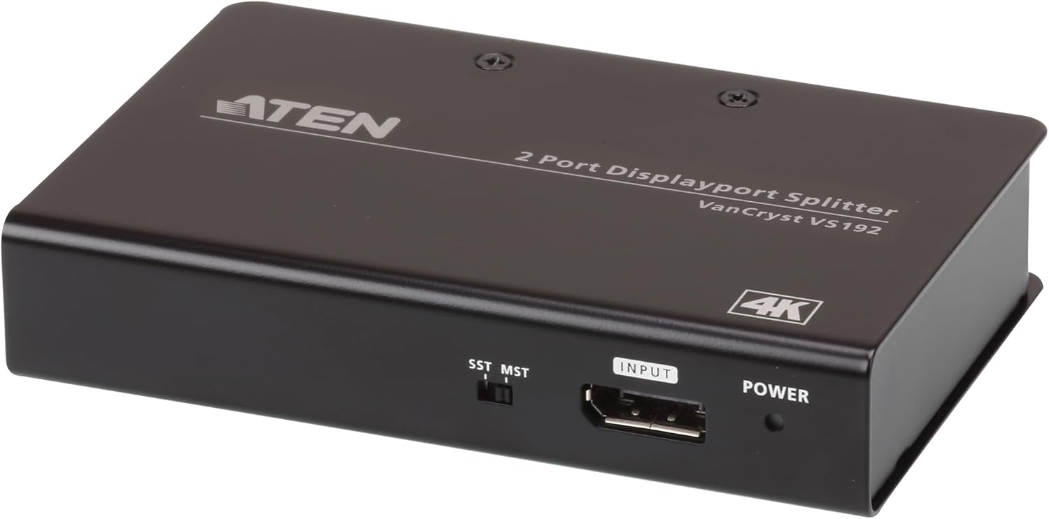 ATEN VS192 2-Port True 4K DisplayPort Splitter SST Split or MST Extended Display - Connect 1 DP Source to 2 Display Port Computer Monitor - TAA Compliant - Metal