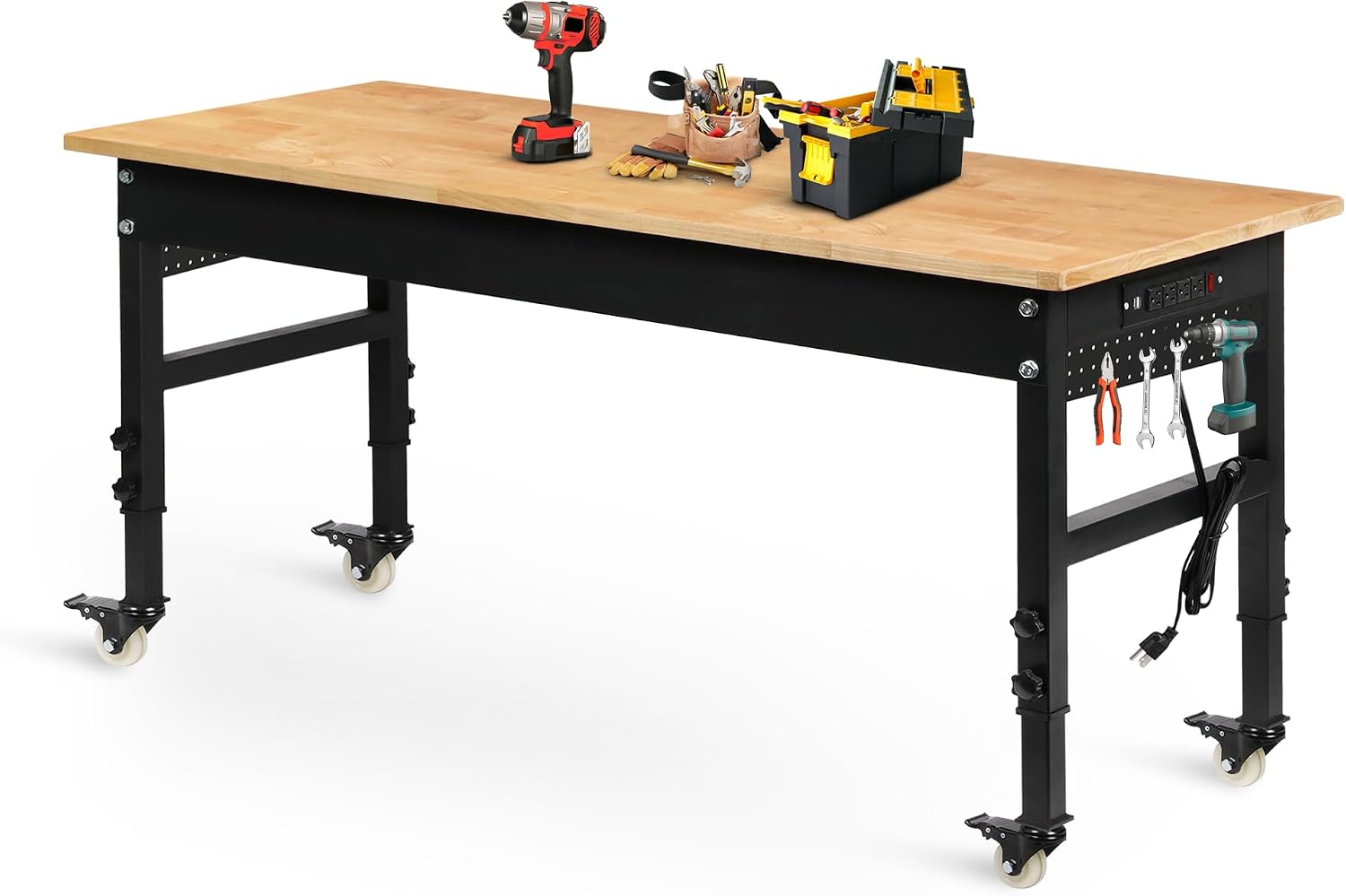 Betterhood 60' Adjustable Workbench on Wheels, Rubber Wood Heavy Duty Workstation with Power Outlets & Pegboard, 2000LBS Load Capacity Hardwood Worktable for Workshop, Garage, Office, Home, Commercial