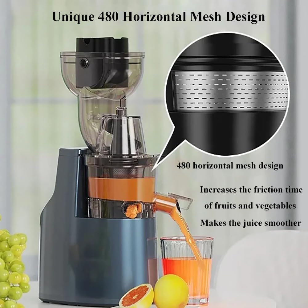 Slow Masticating Juicer,Cold Press Juicer With 90mm Extra Large Feed Chute,480 Horizontal Mesh Design,360° Self Feeding Masticating Juicer,For Whole Fruit,Easy To Clean,Blue