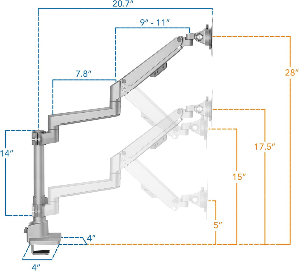 Mount-It! Single Monitor Desk Mount – Pole Mounted Gas Spring Arm, Full Motion Height Adjustable Monitor Stand with C-Clamp or Grommet Base, Fits 19–32 Inch Screens, Silver