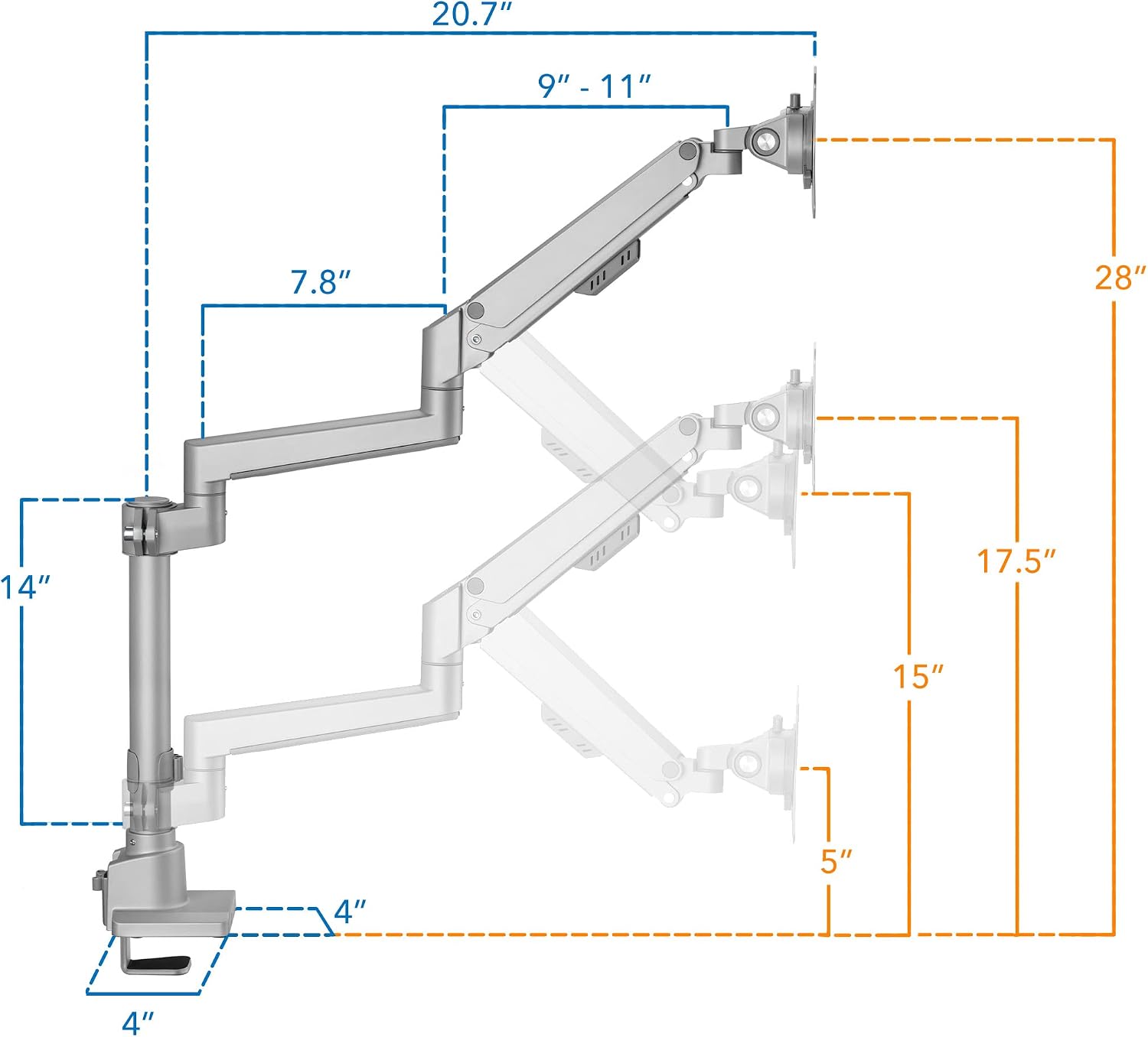 Mount-It! Single Monitor Desk Mount – Pole Mounted Gas Spring Arm, Full Motion Height Adjustable Monitor Stand with C-Clamp or Grommet Base, Fits 19–32 Inch Screens, Silver