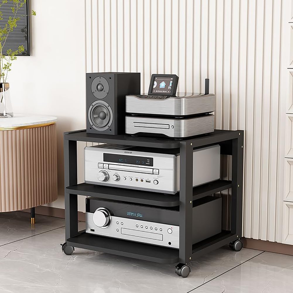 AV Media Stand 3-Tier Movable Record Player DVD CD Audio Rack Tower Holder, Adjustable Media Storage Cabinet, Equipment Console Shelf for Home Office Theater,Black,H19in/48.5cm