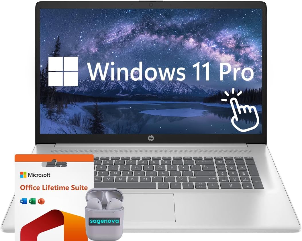 HP 17.3' Touchscreen Laptop, Windows 11 Pro Laptop 64GB RAM 2TB SSD, Intel Core 7-150U Processor, HD+ LED Display, Microsoft Office Lifetime Suite, Backlit Keyboard, SageNova Earphones, Silver
