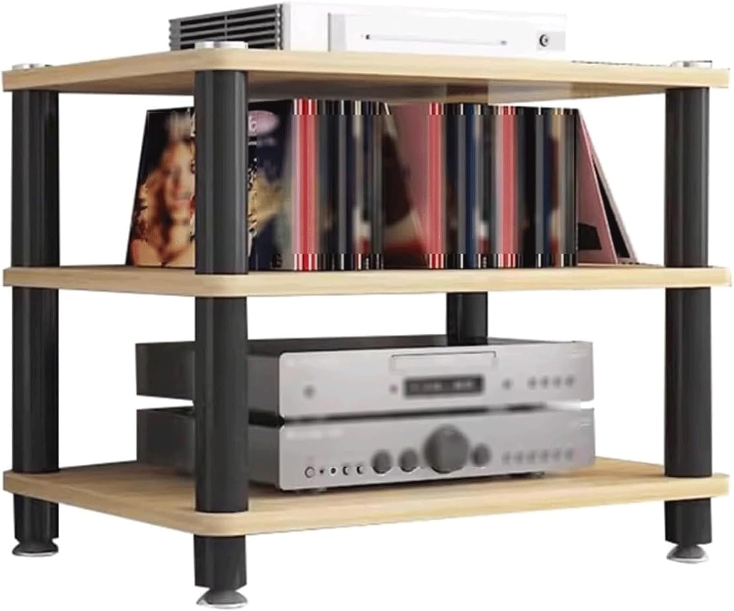 Audio Rack Multi-Layer Stereo Rack Audio Equipment Rack Audio Open Rack Cabinet Wooden HiFi Rack Audio-Video Shelving with Steel Pipe(Natural,3 Tier)