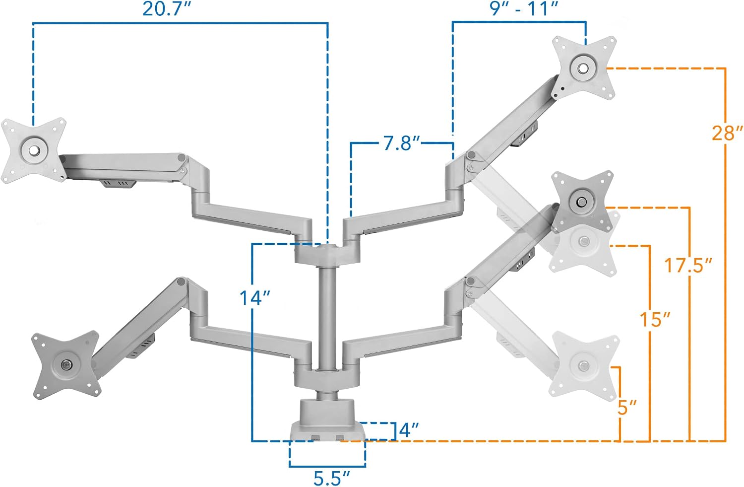 Mount-It! Dual Monitor Mount - Monitor Stands for 2 Monitors, Computer Arms on Desk Stand, Gas Spring Height Adjustable Desk Mount in Silver, VESA 75, 100 Fits Screens Up to 32', Silver Color