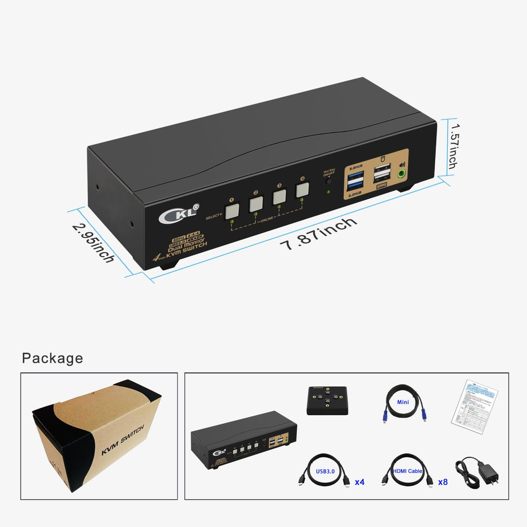 CKL KVM Switch Dual Monitor HDMI 4K@60Hz (2 Monitors 4 Computers 942HUA-3) for Home and Office to Console Desktops/Laptops, Support USB 3.0, Hot Key, Audio, Wireless Keyboard and Mouse