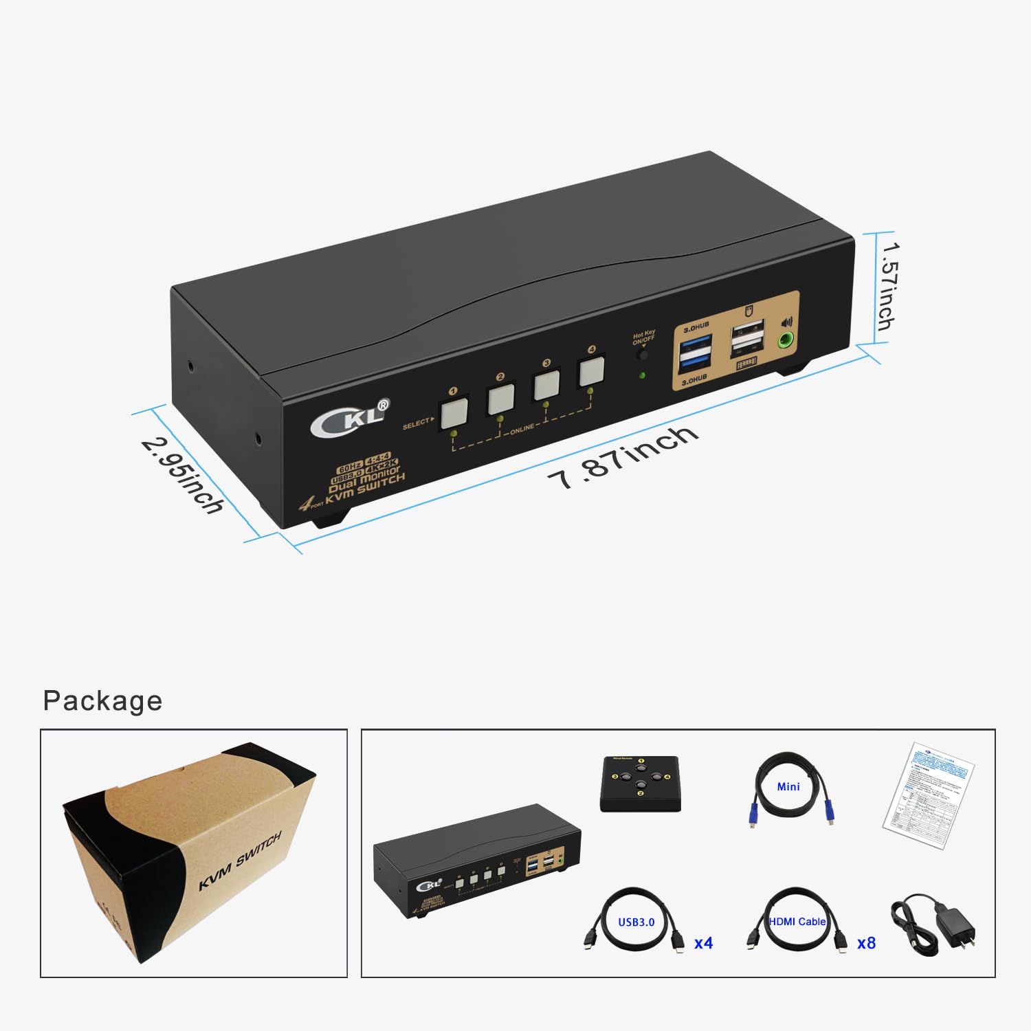CKL KVM Switch Dual Monitor HDMI 4K@60Hz (2 Monitors 4 Computers 942HUA-3) for Home and Office to Console Desktops/Laptops, Support USB 3.0, Hot Key, Audio, Wireless Keyboard and Mouse
