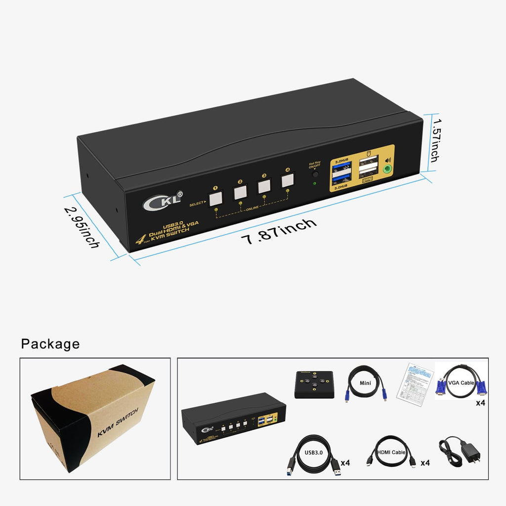 CKL KVM Switch Dual Monitor HDMI 4K@60Hz + VGA (2 Monitors 4 Computers 942HV-3) for Home and Office to Console Desktops/Laptops, Support USB 3.0, Hot Key, Audio, Wireless Keyboard and Mouse