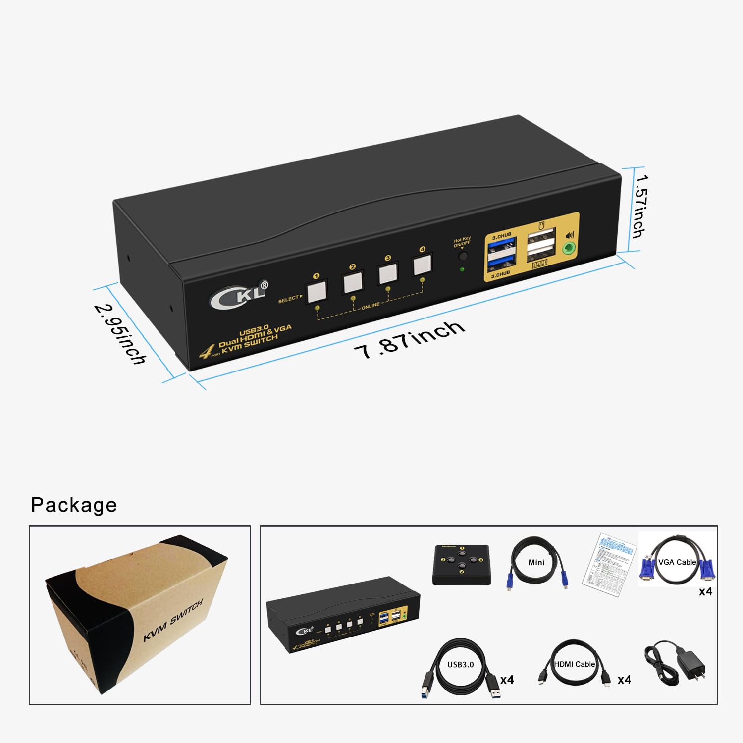 CKL KVM Switch Dual Monitor HDMI 4K@60Hz + VGA (2 Monitors 4 Computers 942HV-3) for Home and Office to Console Desktops/Laptops, Support USB 3.0, Hot Key, Audio, Wireless Keyboard and Mouse