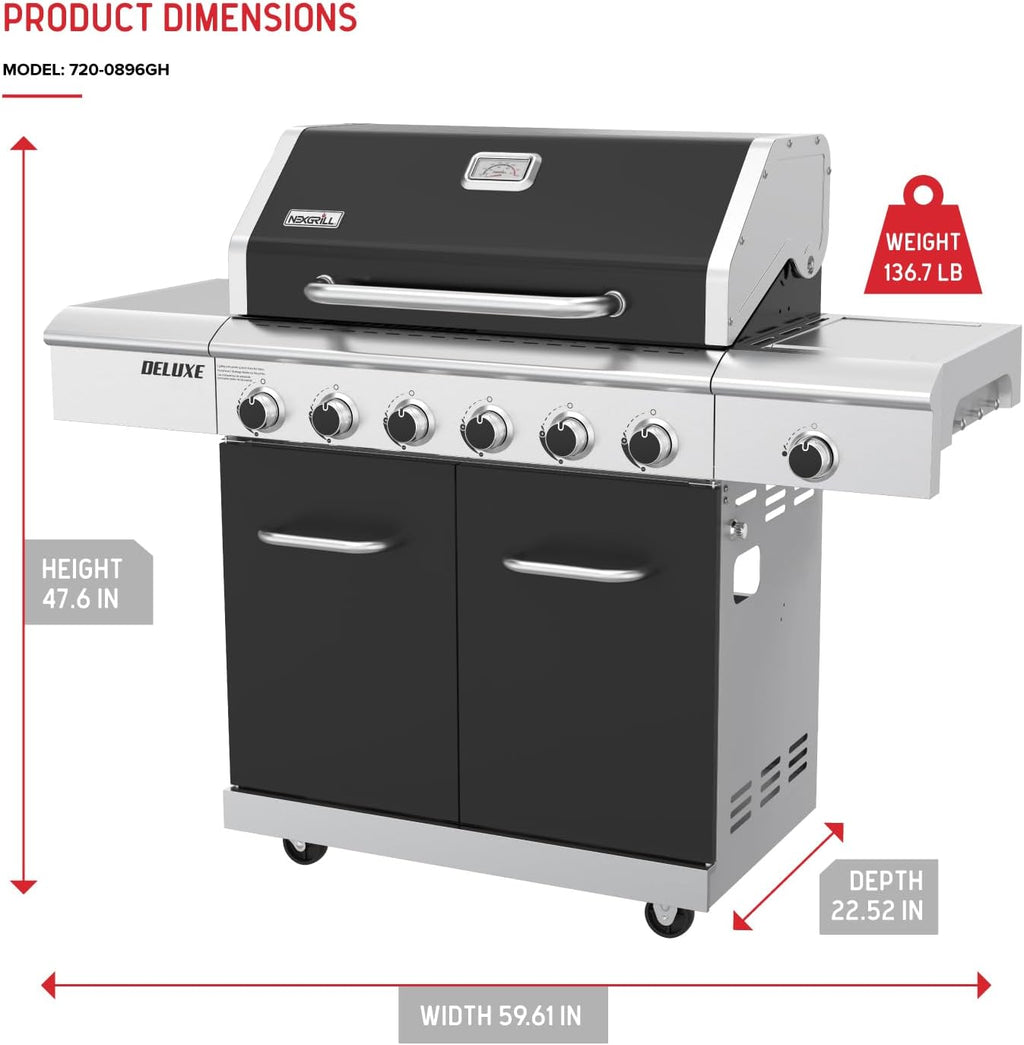 Nexgrill Deluxe 6-Burner Natural Gas Grill with Searing Side Burner and Griddle Insert, Stainless Steel Frame, 60,000 BTUs Output, BBQ Grill for Outdoor Gatherings - 730-0896GH