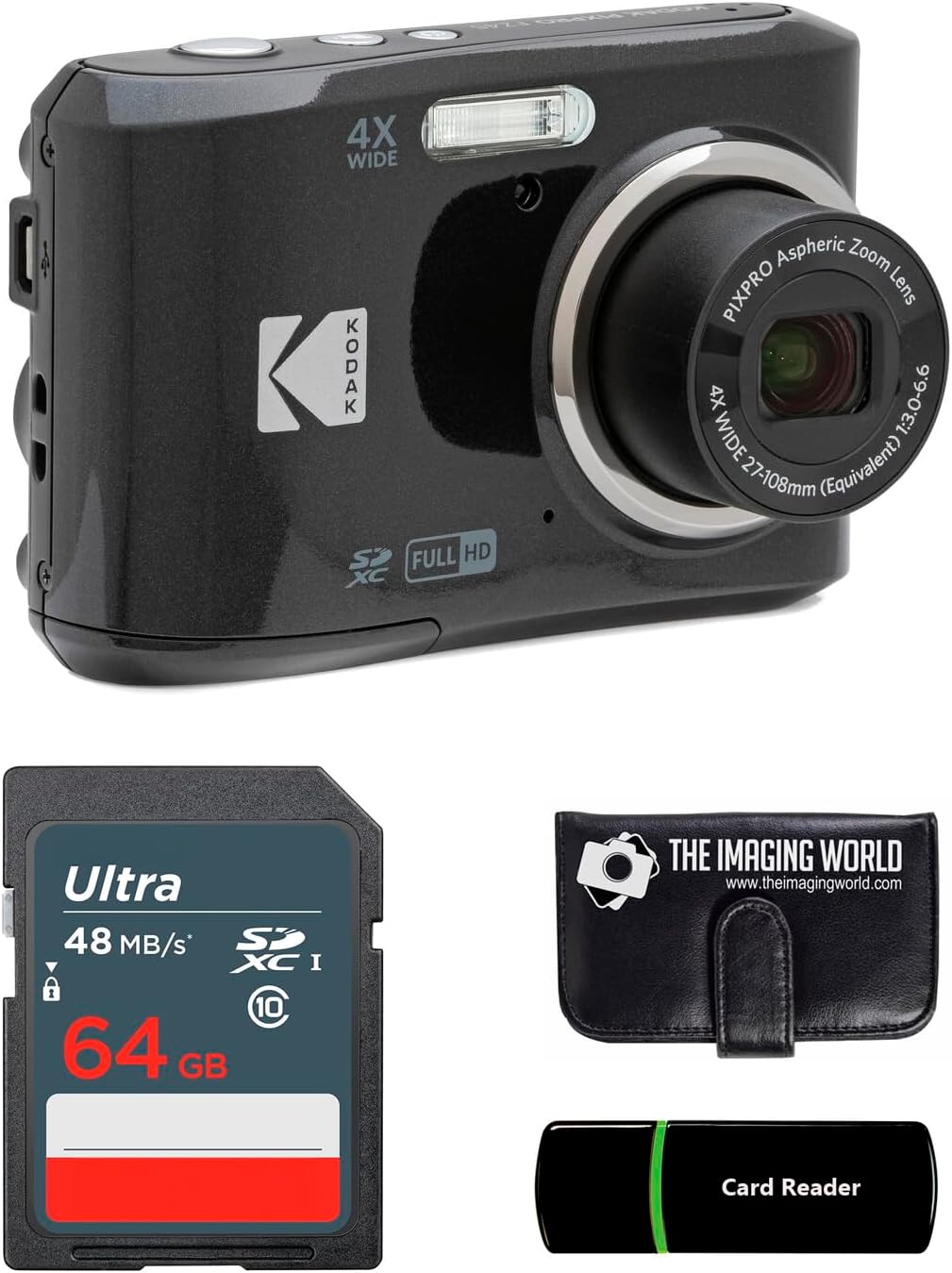 Kodak PIXPRO FZ45 16MP Digital Camera 4X Optical Zoom 27mm Wide Angle 1080P Full HD Video 2.7' LCD Camera (Black) + 64GB Card and Reader + Memory Wallet