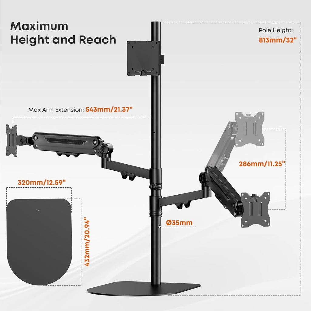 Triple Monitor Stand Up to 49 inches,Fully Adjustable Triple Monitor Mount with Gas Spring,Free Standing 3 Monitor Desk Stand Mount with Base and Cable Management,Holds 44 lbs,Black