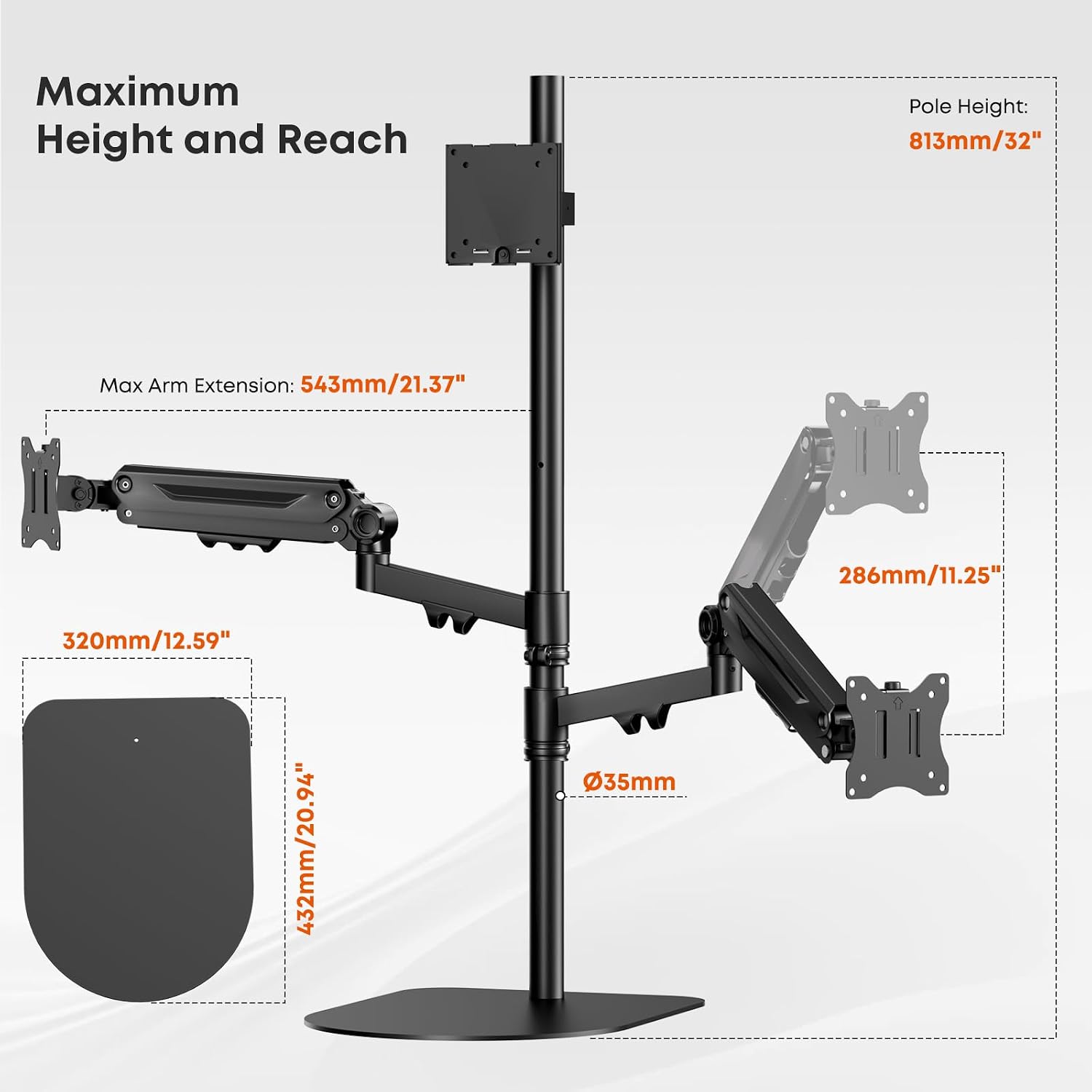 Triple Monitor Stand Up to 49 inches,Fully Adjustable Triple Monitor Mount with Gas Spring,Free Standing 3 Monitor Desk Stand Mount with Base and Cable Management,Holds 44 lbs,Black