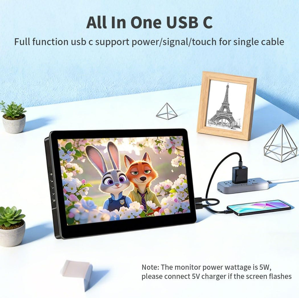 10.1' Touch Screen Monitor, IPS 1280x800 Small USB-C Secondary Display, 10-Point Touch, HDMI, VESA, Dual Speakers, Mini Monitor for Laptop PC Raspberry Pi 3D Printer