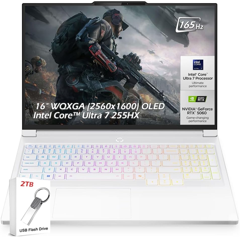 Lenovo Legion 7i Gaming Laptop, Intel Ultra 7 255HX, 16' OLED 2.5K (2560x1600) 165Hz 500nits, 16GB DDR5 1TB SSD, RTX 5060, 5MP Camera E Shutter, Wi-Fi7, Win 11, Glacier White, 2TB USB Drive, W/GaLiMu