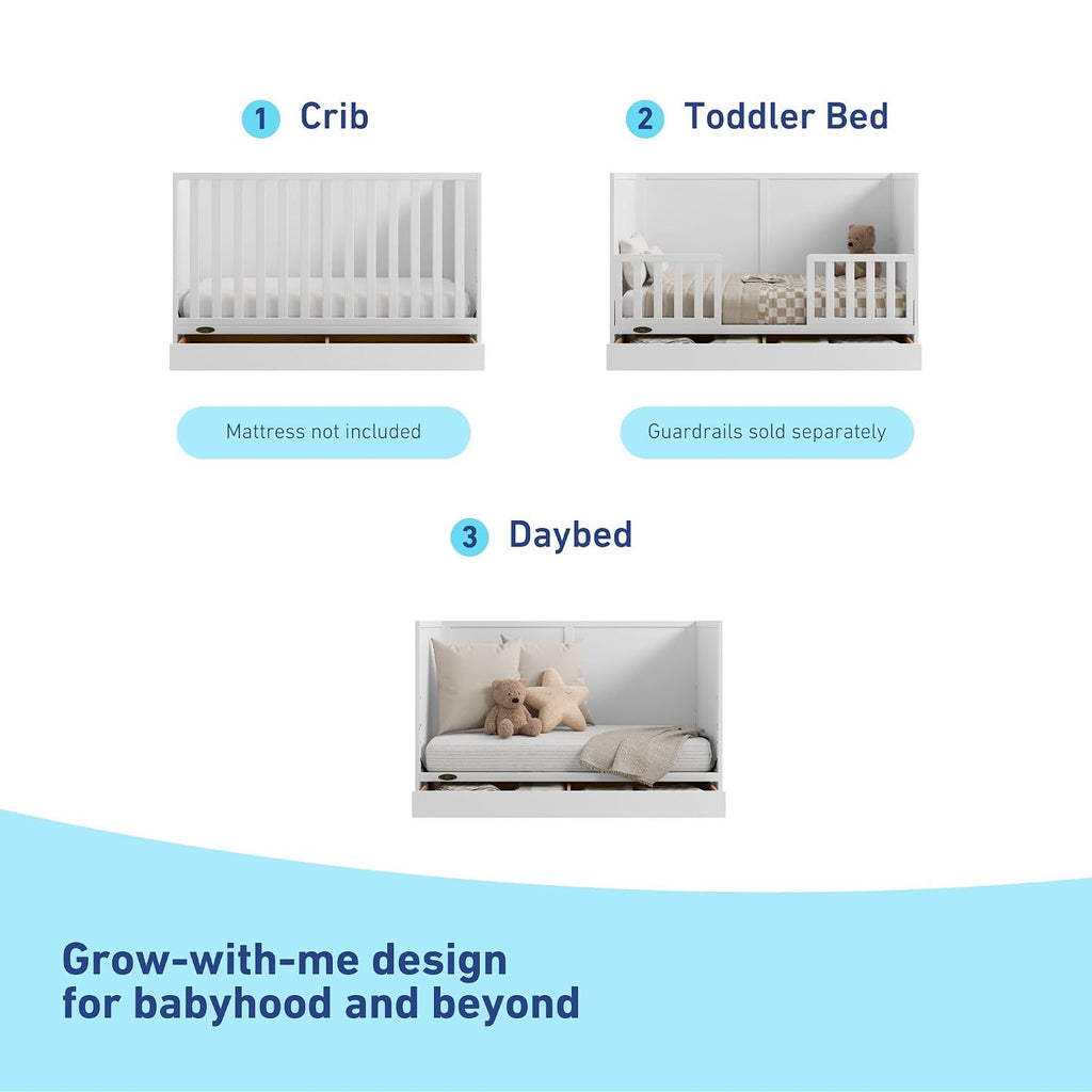 Graco Theo 3-in-1 Convertible Crib with Storage Drawer – GREENGUARD Gold Certified Baby Crib Crafted from Wood, Converts to Toddler Bed, Daybed, and Full-Size Bed (White)