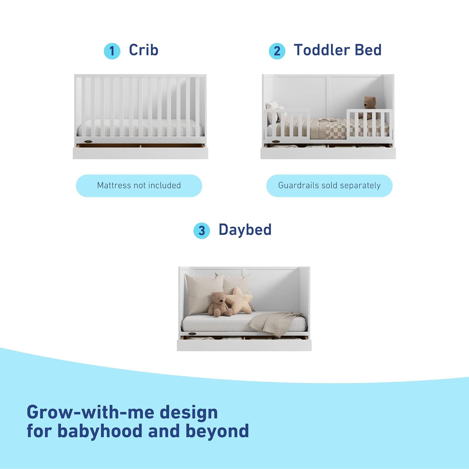 Graco Theo 3-in-1 Convertible Crib with Storage Drawer – GREENGUARD Gold Certified Baby Crib Crafted from Wood, Converts to Toddler Bed, Daybed, and Full-Size Bed (White)