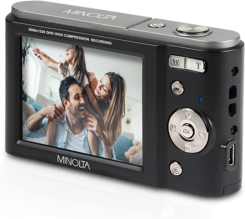 Minolta MND20 44 MP / 2.7K Quad HD Digital Camera (Black) + 32GB Memory Card + 12 inch Flexible Tripod + Memory Card Wallet + USB Card Reader, SD/microSD + More