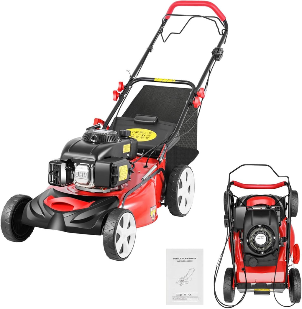 20Inch Self Propelled Gas Lawn Mower 3-in-1 Gas Push Lawn Mower with Grass Bag, 140CC 4-Stroke Engine, 8 Position Cutting Height Adjustable, Rear Wheel Drive for Garden & Yard