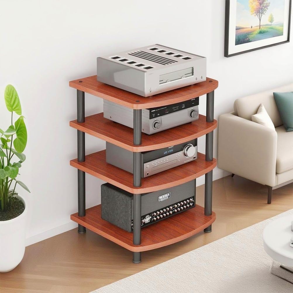 4-Tier AV Media Stand Audio Rack Tower Adjustable Height TV Game Console Equipment Shelf CD Record Player Stereo Component Rack Cabinet for Home Theater Studio,Brown,4 Tier