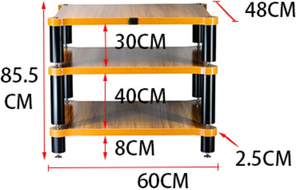 High Load-Bearing Three-Layer Amplifier Rack Wood Grain Panel Black Vibration Damping Pillars Stable Audio Equipment Shelf Multi-Device Compatible(60 * 48 * 50.5cm)