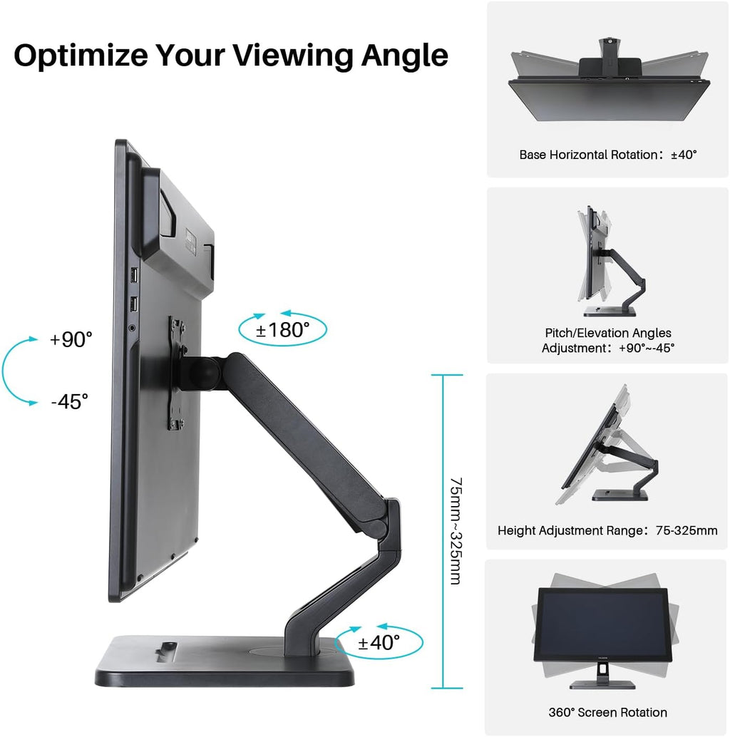 HUION Stand, Single Monitor Arm for 17-32 inch Screens, Holds up to 22 lbs, Adjustable Monitor Mount with Gas Spring Full Motion, VESA 75x75 & 100x100mm