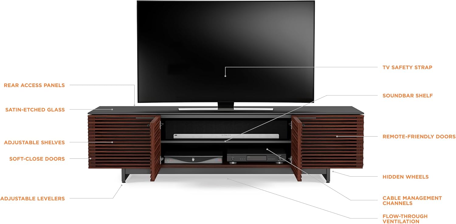 BDI Furniture Corridor 8173-79.25'' TV Stand for TVs up to 85' with Soundbar Shelf, Adjustable Shelves, Cable Management, Ventilation, Tempered Glass Top, Chocolate Stained Walnut