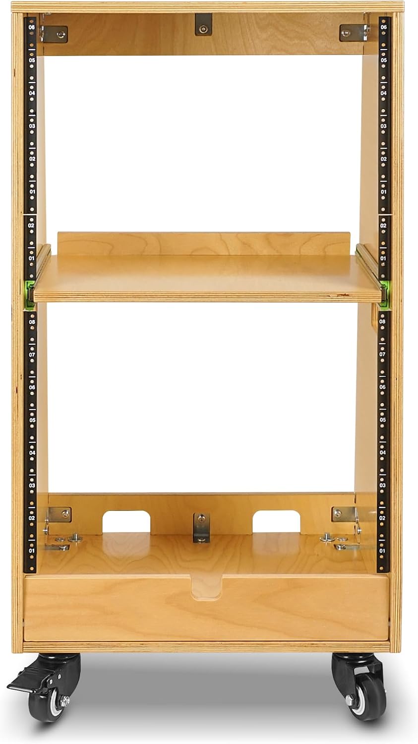 Sound Town DIY Slanted 16U Studio Rack (8U Top + 8U Lower), with 2U Bottom Storage, Slide-Out Tray, Caster, Plywood, Golden Oak for Recording Room, Home Studio (SDRK-ST16T)