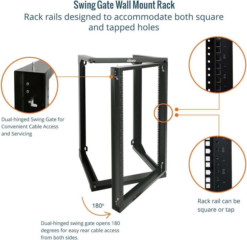 Tecmojo 18U Wall Mount Rack, Server Rack,Open Frame Server Rack,Network Rack for 19inch Computer/AV/Data/IT/Media Equipment,18inch Depth,16inch Apart Mounting Holes,Swing Gate,Square and Tapped Holes