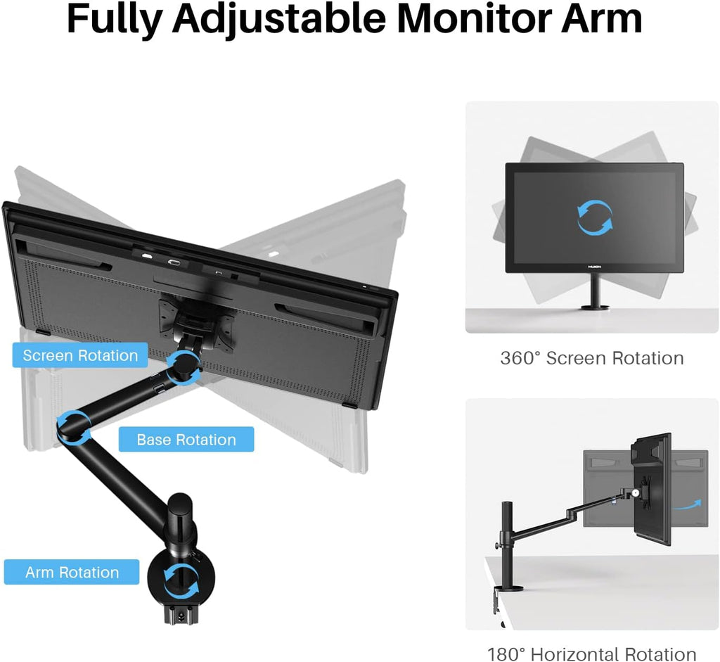 HUION Single Monitor Arm, VESA Desk Monitor Mount – for Monitors Up to 32 Inches and 17.6 lbs, Heavy Duty Fully Adjustable Stand, Computer Monitor Arms with Clamp/Grommet Mounting Base