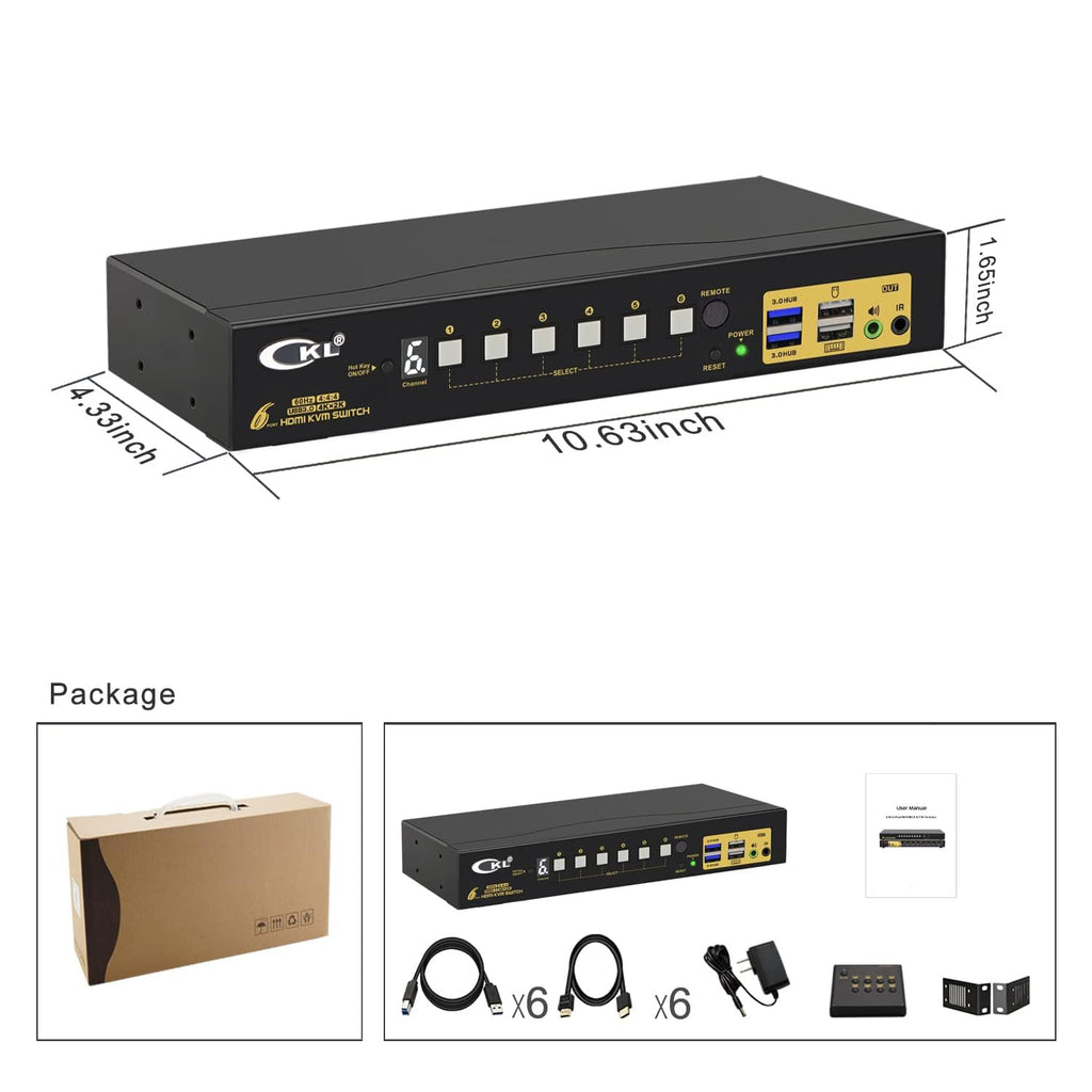 CKL KVM Switch Single Monitor HDMI 4K@60Hz (1 Monitor 6 Computers 9136H-3) for Home and Office to Console Desktops/Laptops, Support USB 3.0, Hot Key, Audio, Wireless Keyboard and Mouse