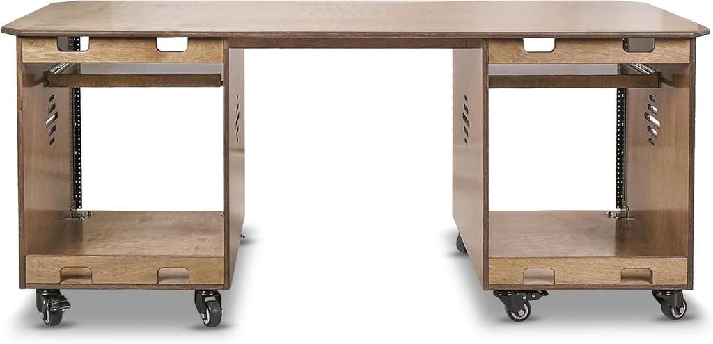 Sound Town DIY Music Studio Rack Desk Workstation with 2 X 13U Side Cabinets, Two Slide-Out Trays, Casters, Plywood, Weathered Brown for Recording Room, Home Studio (SDRK-WS69)