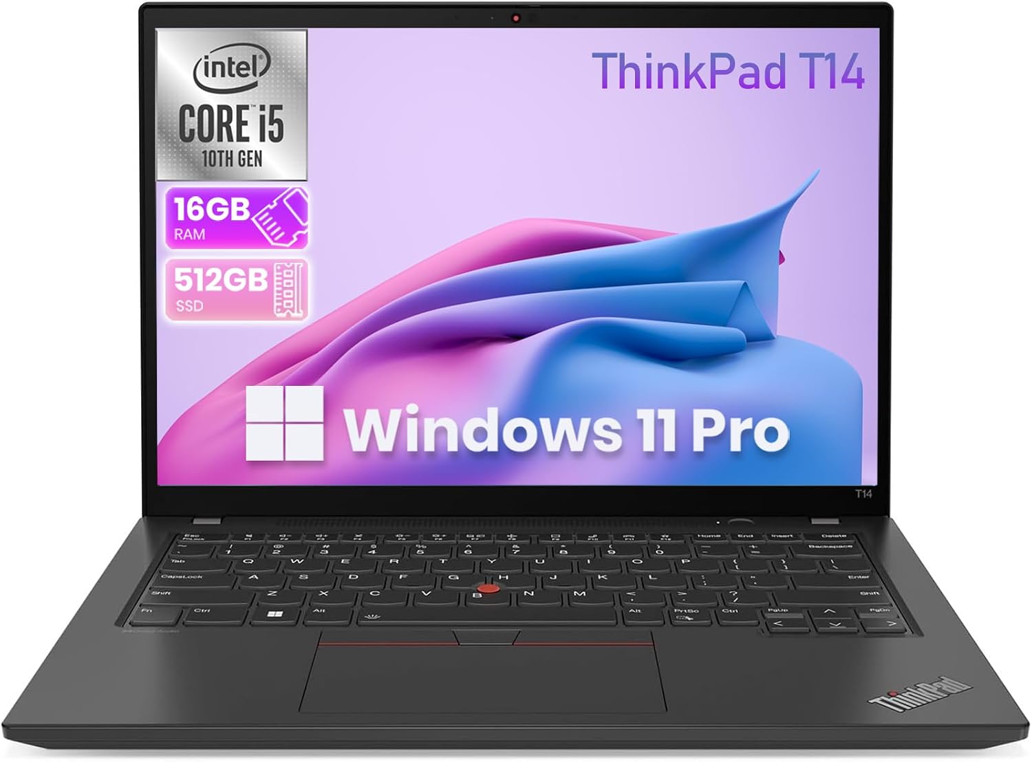 Lenovo ThinkPad T14 Business Laptop PC 14-inch, Intel Core 10th Gen i5-10210U Processor, 16 GB RAM, 512 GB SSD, HDMI, Camera, Windows 11 Pro (Renewed)