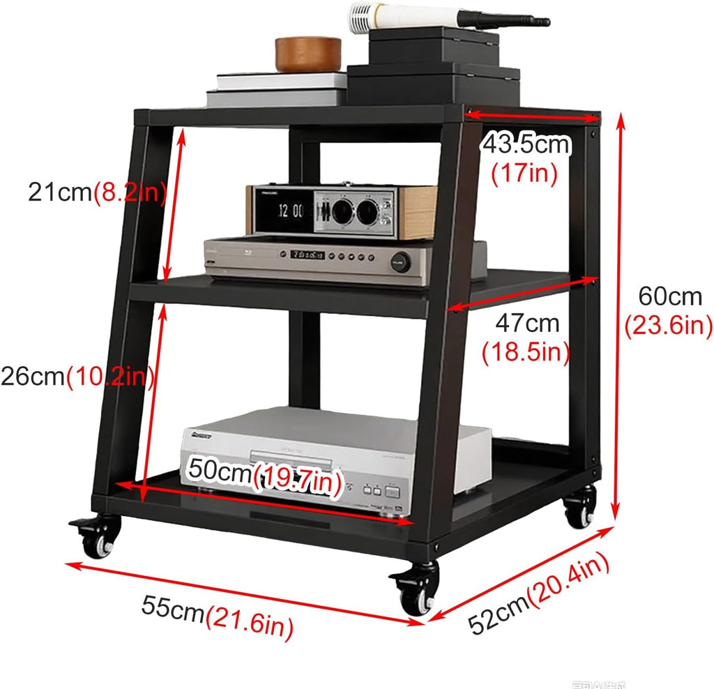 Audio-Video Media Stand HiFi Rack System with Wheels, 2 3 4 5 Shelf Floor-Standing Stereo Component Stand Electronics Equipment Shelf, Living Room Movable Audio Stands and Racks, Black-3 Layer