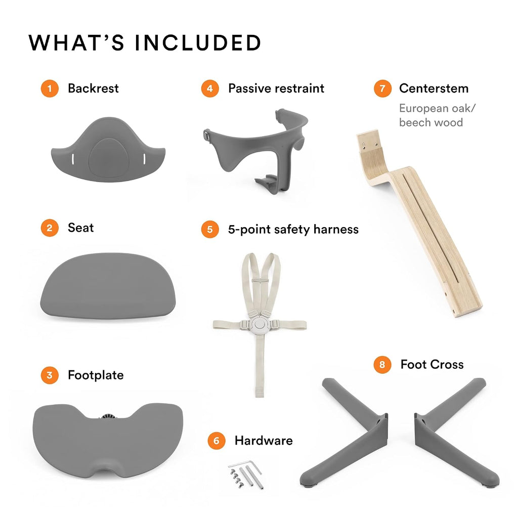 Stokke Nomi High Chair, White/Walnut - Inspires Active Sitting - Tool-Free, Seamless Adjustability - Includes Baby Set with Removable Harness for Children 6-24 Months
