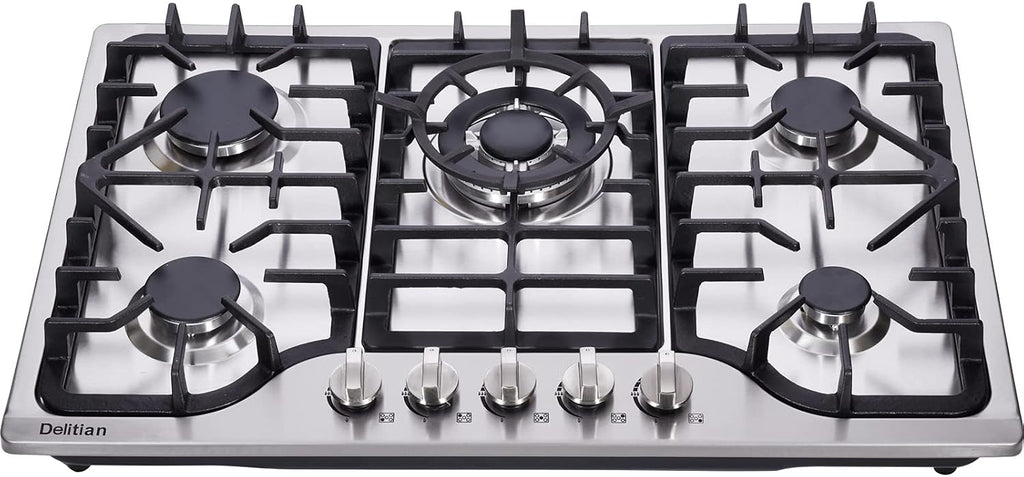 30 Inch Gas Cooktop DT57043 Built-in Stainless Steel 5 Burners Gas Stovetop LPG/NG Convertible Dual Fuel Gas Hob